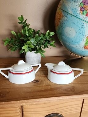 Studio Nova White Ceramic Sugar Bowl & Creamer with Red and Black Banding